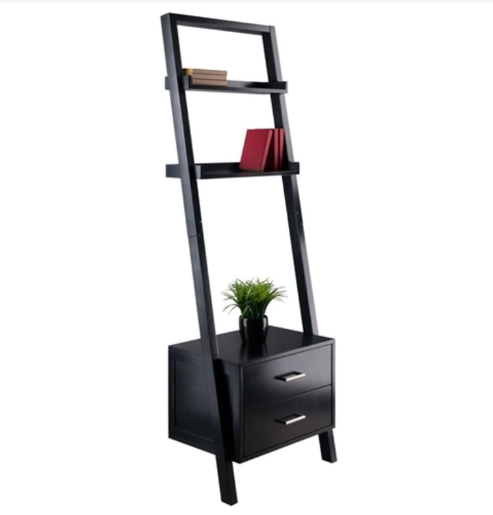 Modern Black 2 Drawer Entryway Shelf Leaning Ladder Bookshelf Bookcase