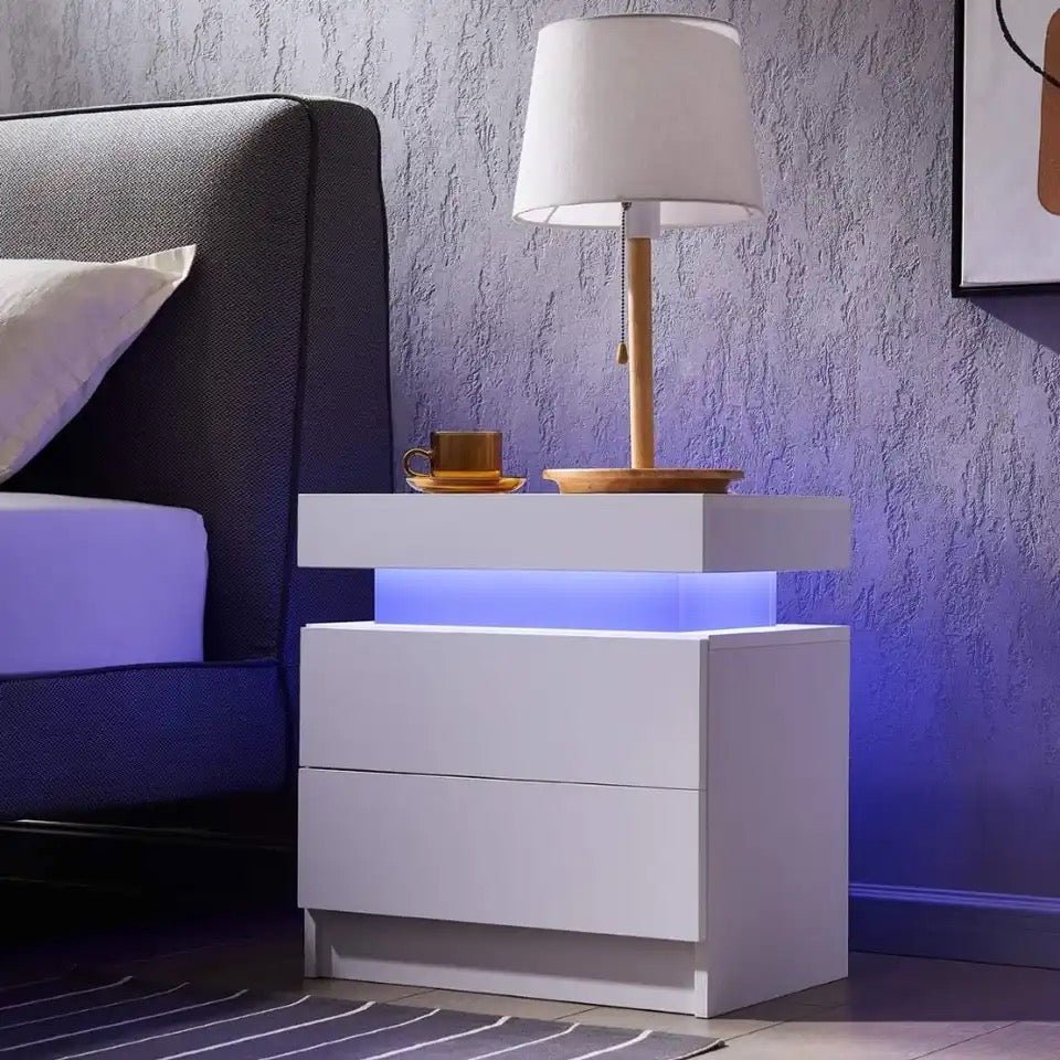 Modern LED Nightstand Set of 2 with Dual Drawers - Ambient Bedroom Furniture Side Table