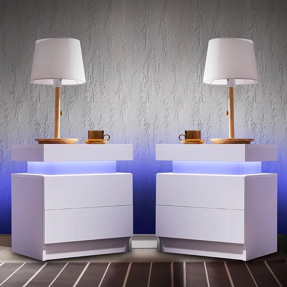 Modern LED Nightstand Set of 2 with Dual Drawers - Ambient Bedroom Furniture Side Table