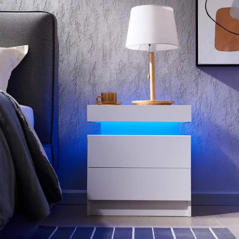 Modern LED Nightstand Set of 2 with Dual Drawers - Ambient Bedroom Furniture Side Table