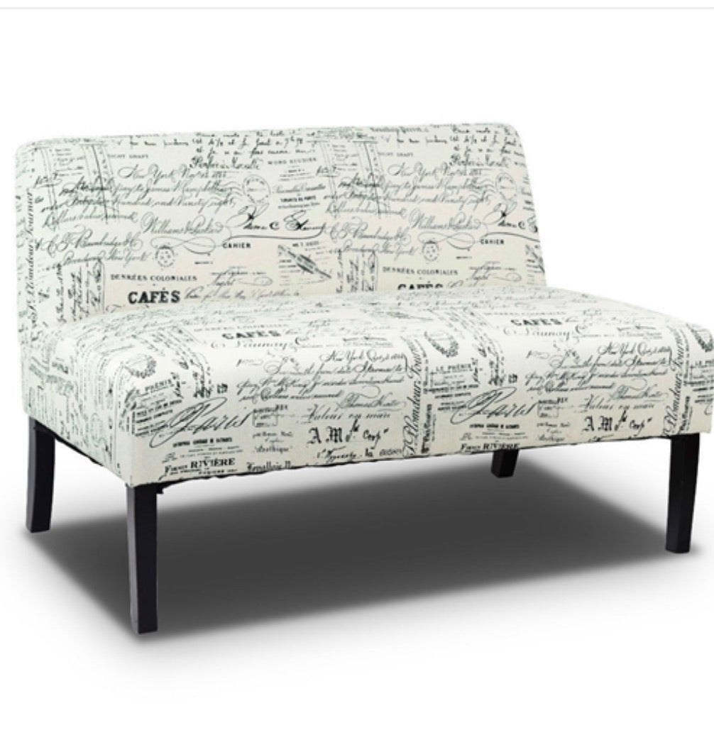 Modern Loveseat Sofa with Off-White Cursive Pattern Upholstery and Black Wood Legs