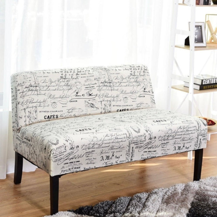 Modern Loveseat Sofa with Off-White Cursive Pattern Upholstery and Black Wood Legs
