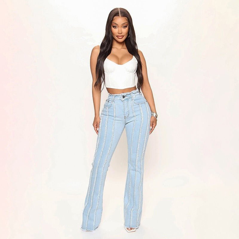 Trendy Mid-Rise Stretch Denim Pants with Unique Raw Hem