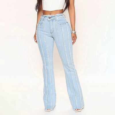 Trendy Mid-Rise Stretch Denim Pants with Unique Raw Hem