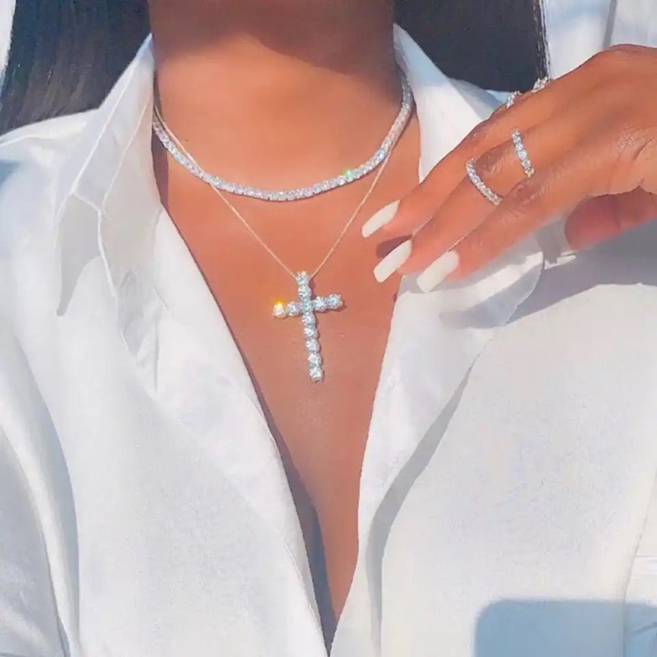 Multi Layer Crystal Chain Necklace With Punk Silver Cross Pendant And Rhinestones For Women