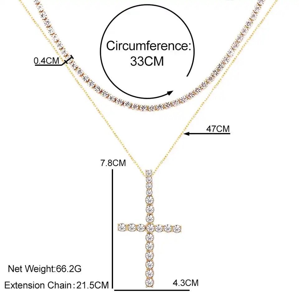 Multi Layer Crystal Chain Necklace With Punk Silver Cross Pendant And Rhinestones For Women