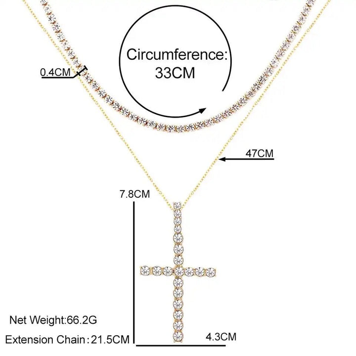 "Multi-layer Crystal Chain Necklace with Punk Silver Cross Pendant and Rhinestones for Women"