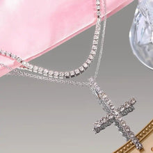 Multi Layer Crystal Chain Necklace With Punk Silver Cross Pendant And Rhinestones For Women