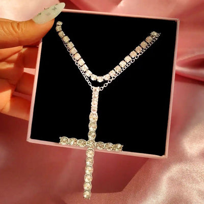 Multi Layer Crystal Chain Necklace With Punk Silver Cross Pendant And Rhinestones For Women