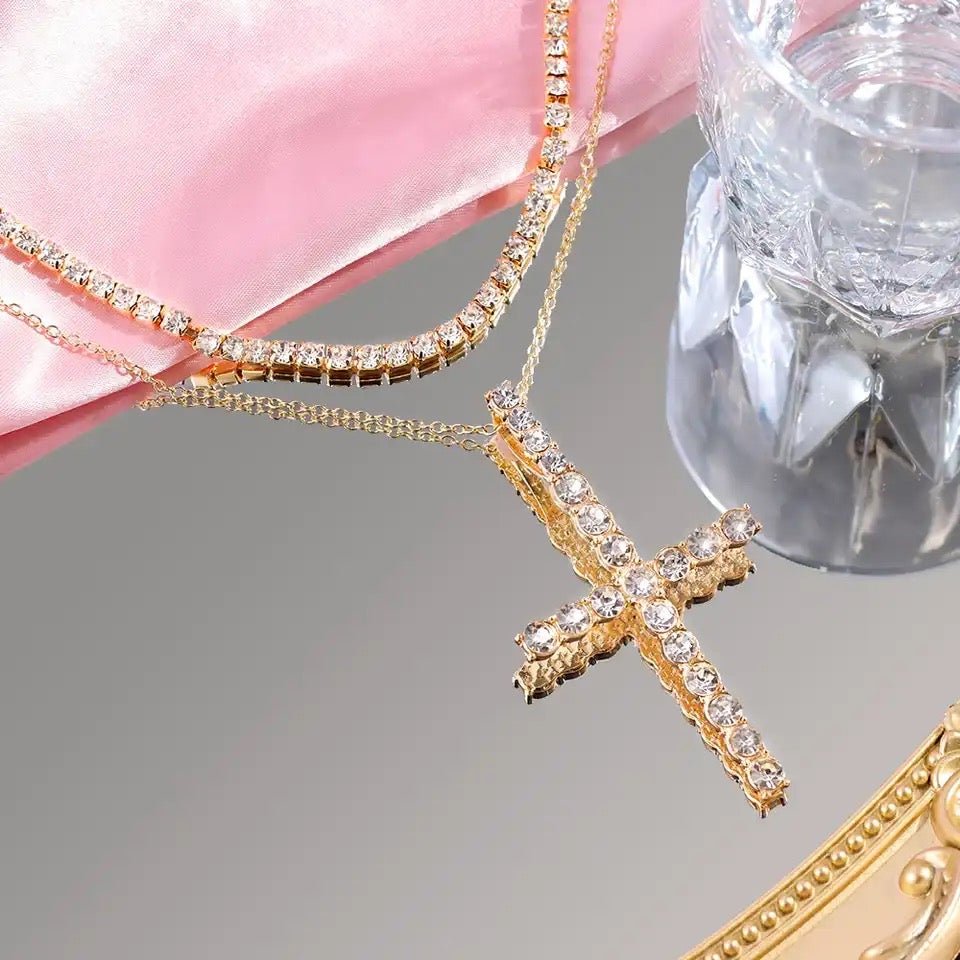 Multi Layer Crystal Chain Necklace With Punk Silver Cross Pendant And Rhinestones For Women