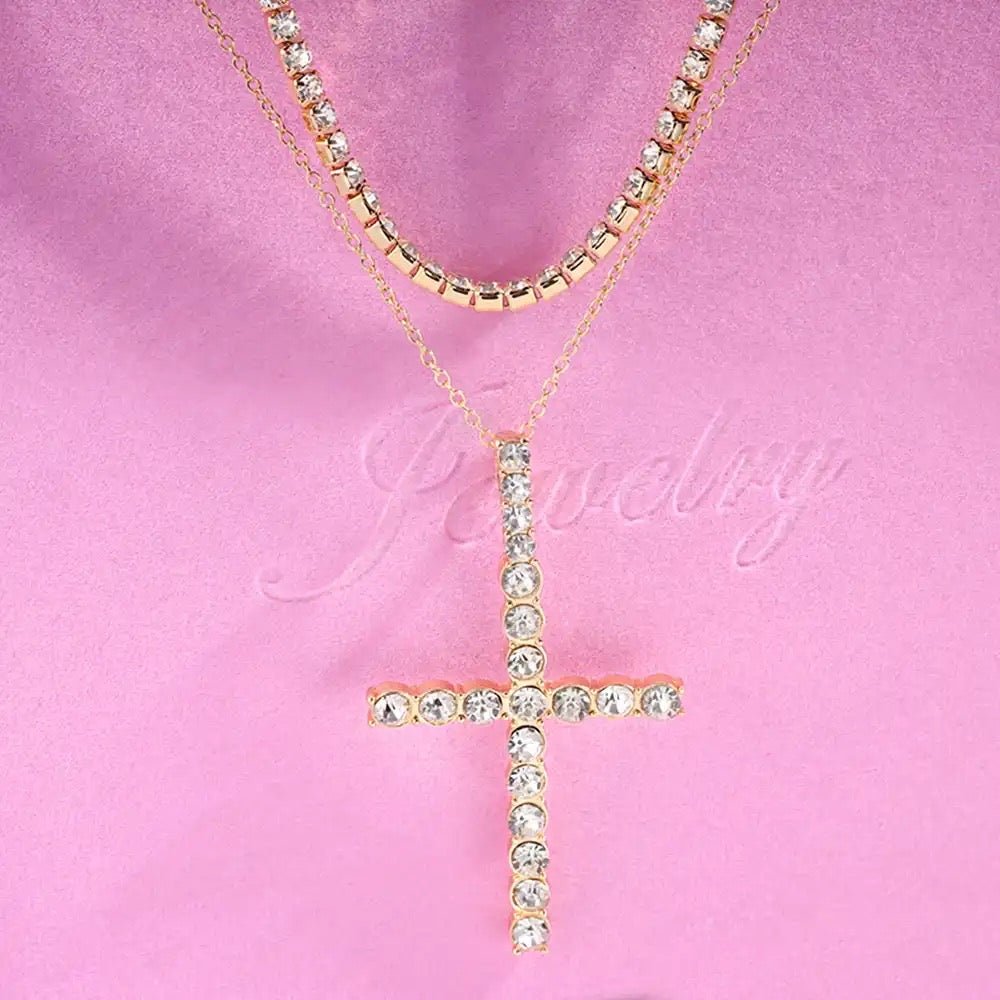 "Multi-layer Crystal Chain Necklace with Punk Silver Cross Pendant and Rhinestones for Women"