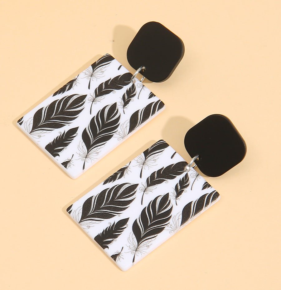 New Acrylic Temperament Simple Printed Leaf Earrings Black And White Color Matching Earrings