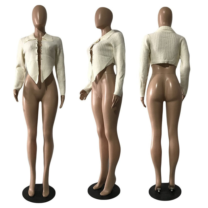 New Design Pin Sweater Shirt Turn Down Collar Irrgular Stretch Sexy Knitted Shirts Women Clothing Autumn Streetwear