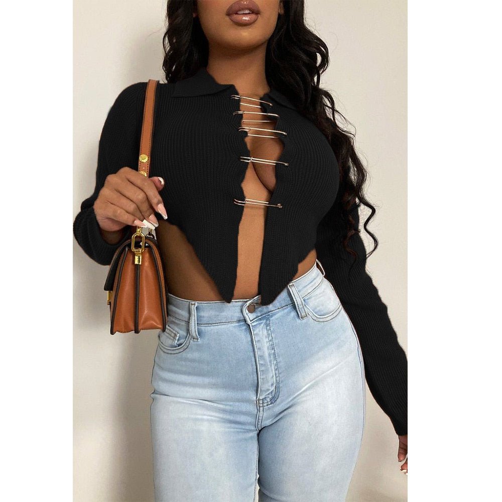 Trendy Asymmetric Knitted Sweater with Collared Neckline