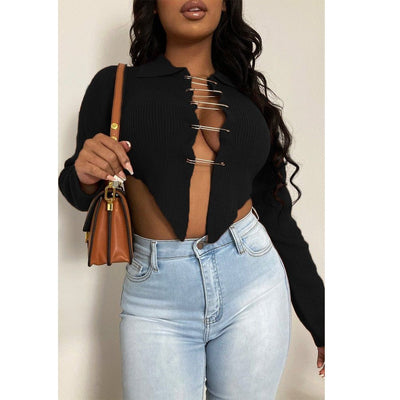 Trendy Asymmetric Knitted Sweater with Collared Neckline