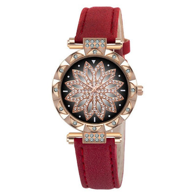Classic Leather Strap Quartz Wrist Watch For Women With Starry Sky Dial Bracelet Set Gift For Her