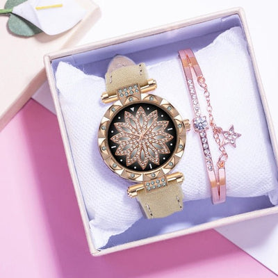 Classic Leather Strap Quartz Wrist Watch For Women With Starry Sky Dial Bracelet Set Gift For Her