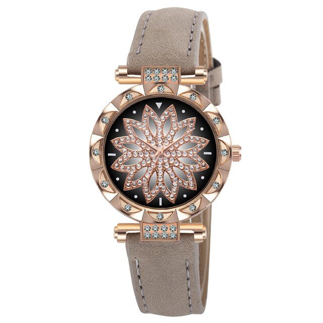 Classic Leather Strap Quartz Wrist Watch For Women With Starry Sky Dial Bracelet Set Gift For Her