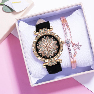 Classic Leather Strap Quartz Wrist Watch For Women With Starry Sky Dial Bracelet Set Gift For Her