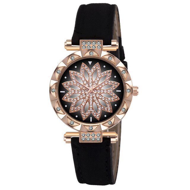 Classic Leather Strap Quartz Wrist Watch For Women With Starry Sky Dial Bracelet Set Gift For Her