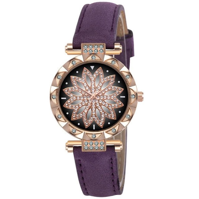 Classic Leather Strap Quartz Wrist Watch For Women With Starry Sky Dial Bracelet Set Gift For Her