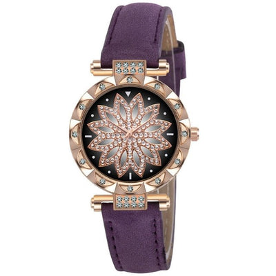 Classic Leather Strap Quartz Wrist Watch For Women With Starry Sky Dial Bracelet Set Gift For Her