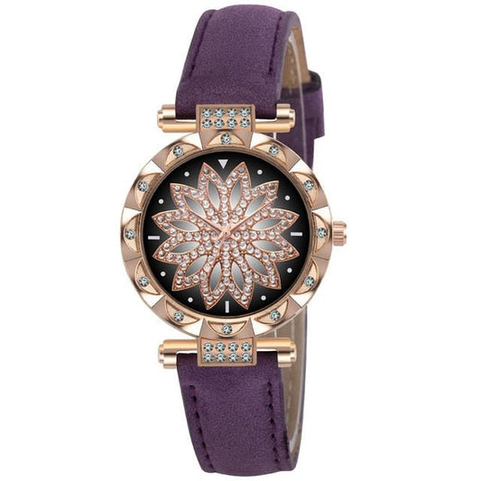 Classic Leather Strap Quartz Wrist Watch For Women With Starry Sky Dial Bracelet Set Gift For Her