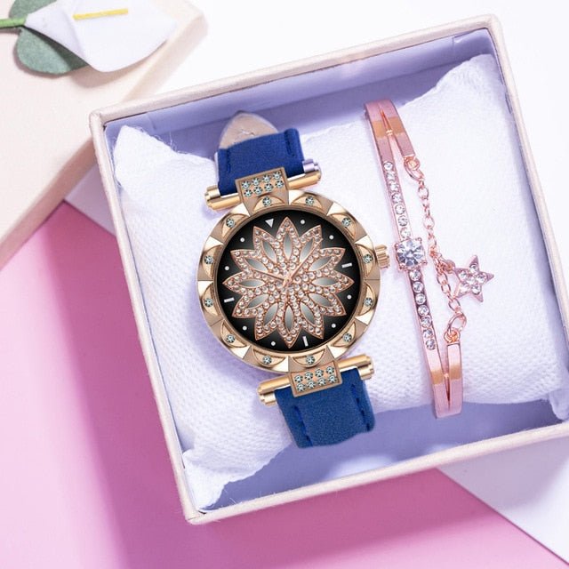 Classic Leather Strap Quartz Wrist Watch For Women With Starry Sky Dial Bracelet Set Gift For Her