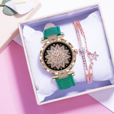Classic Leather Strap Quartz Wrist Watch For Women With Starry Sky Dial Bracelet Set Gift For Her