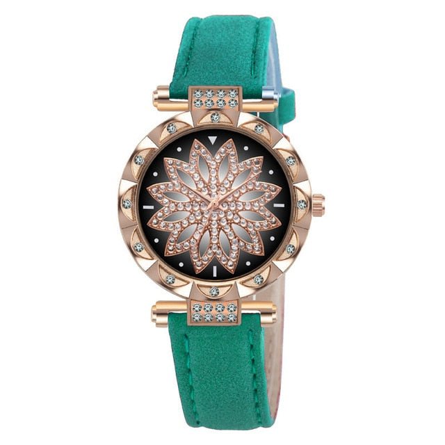 Classic Leather Strap Quartz Wrist Watch For Women With Starry Sky Dial Bracelet Set Gift For Her