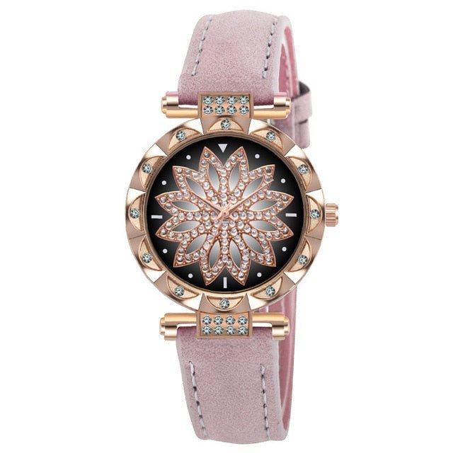 Classic Leather Strap Quartz Wrist Watch For Women With Starry Sky Dial Bracelet Set Gift For Her