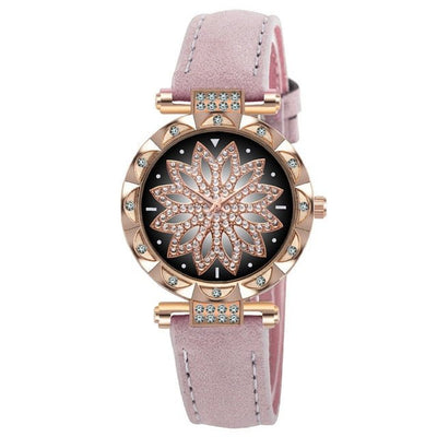 Classic Leather Strap Quartz Wrist Watch For Women With Starry Sky Dial Bracelet Set Gift For Her