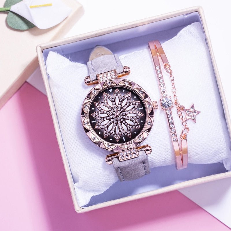 Classic Leather Strap Quartz Wrist Watch For Women With Starry Sky Dial Bracelet Set Gift For Her