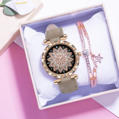 Classic Leather Strap Quartz Wrist Watch For Women With Starry Sky Dial Bracelet Set Gift For Her