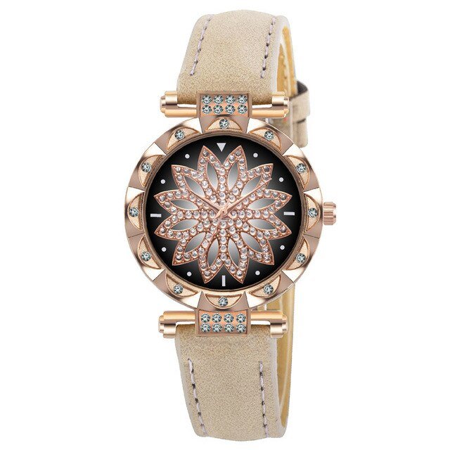 Classic Leather Strap Quartz Wrist Watch For Women With Starry Sky Dial Bracelet Set Gift For Her