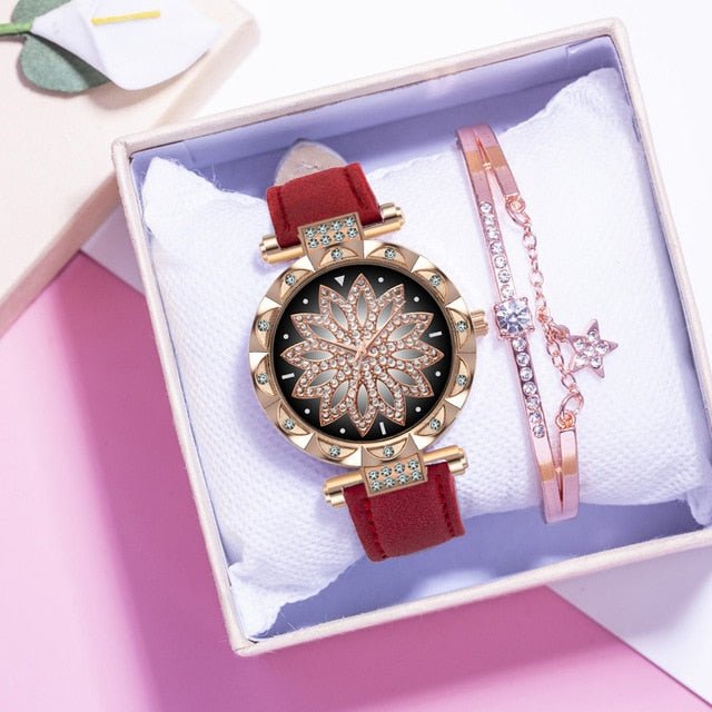Classic Leather Strap Quartz Wrist Watch For Women With Starry Sky Dial Bracelet Set Gift For Her