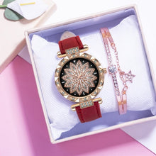 Classic Leather Strap Quartz Wrist Watch For Women With Starry Sky Dial Bracelet Set Gift For Her