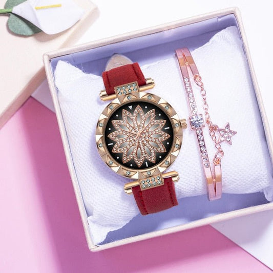 Classic Leather Strap Quartz Wrist Watch For Women With Starry Sky Dial Bracelet Set Gift For Her