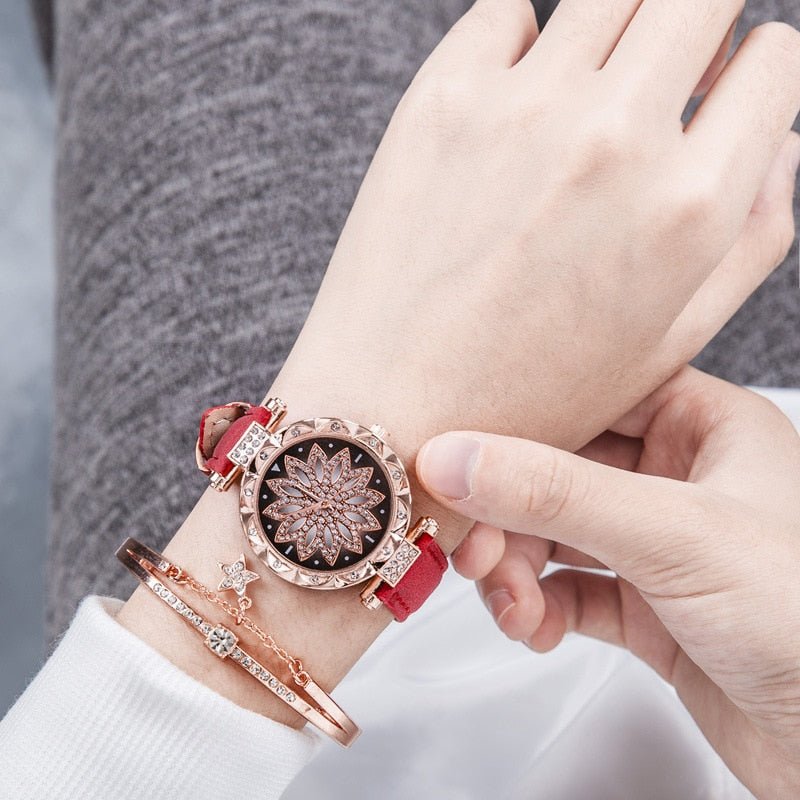 Classic Leather Strap Quartz Wrist Watch For Women With Starry Sky Dial Bracelet Set Gift For Her