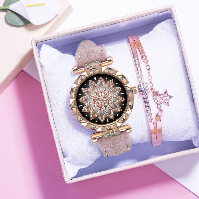 Classic Leather Strap Quartz Wrist Watch For Women With Starry Sky Dial Bracelet Set Gift For Her