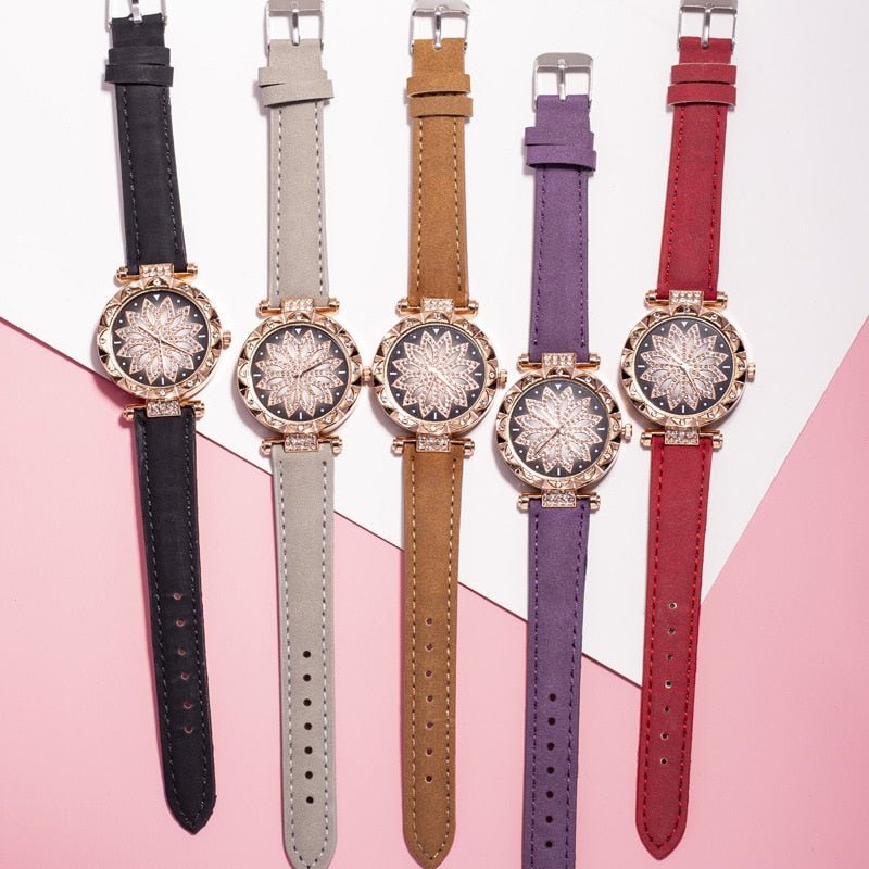 Classic Leather Strap Quartz Wrist Watch For Women With Starry Sky Dial Bracelet Set Gift For Her