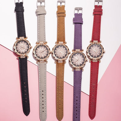 Classic Leather Strap Quartz Wrist Watch For Women With Starry Sky Dial Bracelet Set Gift For Her