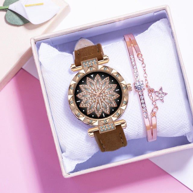 Classic Leather Strap Quartz Wrist Watch For Women With Starry Sky Dial Bracelet Set Gift For Her