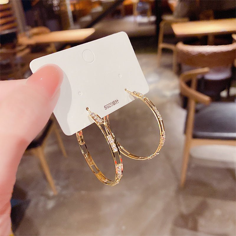 New Silver Needle Atmosphere Hoop Earrings Personality Ear Hoop Temperament Full Diamond High-End Earrings For Women