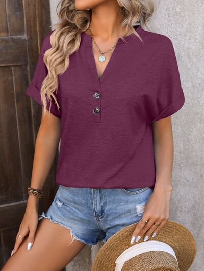 Sophisticated Buttoned Notch Short Sleeve T-Shirt