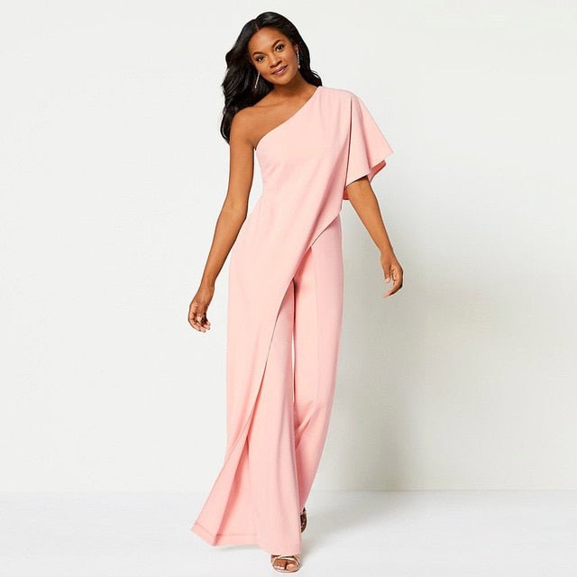 Elegant One-Shoulder Ruffle Jumpsuit with High Waist and Flared Legs