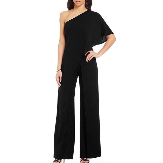 Elegant One-Shoulder Ruffle Jumpsuit with High Waist and Flared Legs