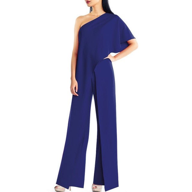 Elegant One-Shoulder Ruffle Jumpsuit with High Waist and Flared Legs