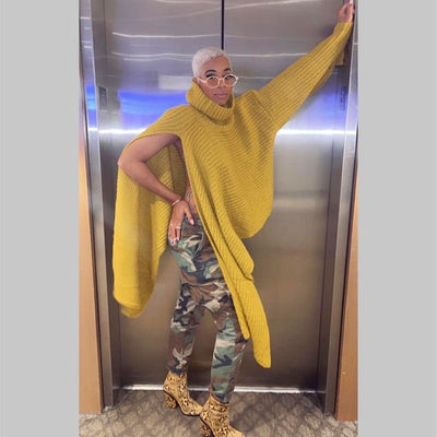 Trendy Asymmetrical Turtleneck Knit Sweater in Yellow