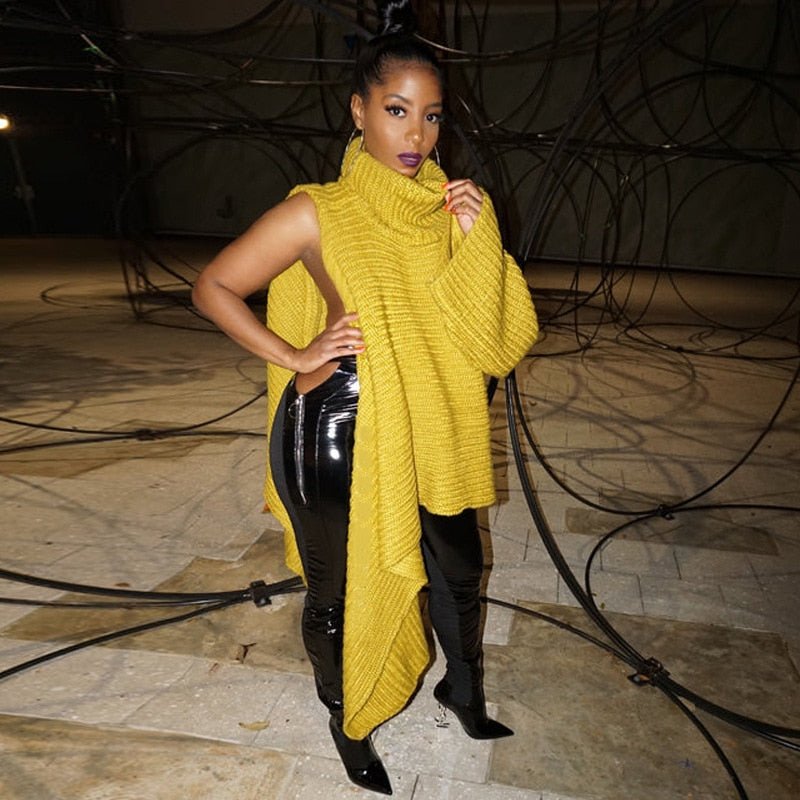 Trendy Asymmetrical Turtleneck Knit Sweater in Yellow